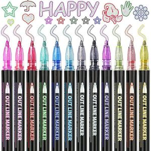 DIY Art |   8/12/24 Color Double Line Outline Pen Set, Metallic Color Magic Highlighter Marker Pen For Art Painting Writing, School Supplies DIY Art DIY Art