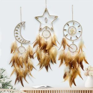 Dreamcatcher |   1pc Indian Style Moon Dream Catcher Handmade Gift Feather Hook Brown Star Pattern Wind Chime with One Circles Ornament Wall Hanging Decor Art Boho Style Without Light Dreamcatcher Dreamcatcher