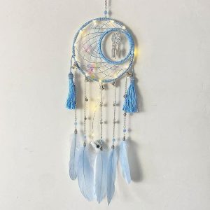 Dreamcatcher |   Blue Moon Dream Catcher Four-ring Handmade Gift with White Blue Feather Wall Hanging Decor Art Wind Chimes Boho Style Car Hanging Home Pendant Dreamcatcher Dreamcatcher