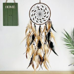 Dreamcatcher |   Brown Dream Catcher Handmade Gift Feather Hook Flower Wind Chime with One Circles Ornament Wall Hanging Decor Art Boho Style 16x56cm/6.2”x22” Dreamcatcher Dreamcatcher