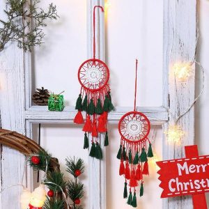 Dreamcatcher |   Christmas Dream Catcher Feather Hook Flower Christmas green  Christmas Red Wind Chime Gift Ornament Pendant Wall Hanging Home Garden Decor H:19cm/7.48inch Dreamcatcher Dreamcatcher