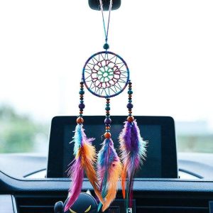 Dreamcatcher |   Dream Catcher Car Hanging Hook Flower Ring Handmade Gift with Colorful Feather,Beads Car Decoration Wall Hanging Decor Art Wind Chimes Boho Style Home Pendant 7*36cm Dreamcatcher Dreamcatcher