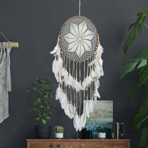 Dreamcatcher |   Dream Catcher Star Coffee Three Rings Handmade Gift with White Feather Wall Hanging Decor Art Wind Chimes Rural Style Home Pendant 35cm Dreamcatcher Dreamcatcher