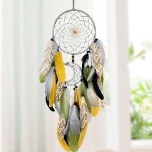 Dreamcatcher |   Moon Dream Catcher Handmade Gift Feather Hook Flower Wind Chime with Two Circles Ornament Wall Hanging Decor Art Boho Style Dreamcatcher Dreamcatcher