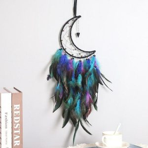 Dreamcatcher |   Moon Dream Catcher Handmade Gift with Colorful Feather Hook Flower Wind Chime Ornament Wall Hanging Decor Art Boho Style 18x35cm/7.08”x13.78” Dreamcatcher Dreamcatcher