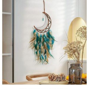 Dreamcatcher |   Moon Dream Catcher Handmade Gift with Green Feather Wall Hanging Decor Art Wind Chimes Boho Style Car Hanging Home Pendant Dreamcatcher Dreamcatcher