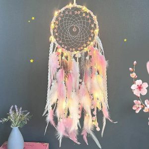 Dreamcatcher |   Pink Dream Catcher Handmade Gift Feather Hook Flower Wind Chime Ornament Wall Hanging Decor Art Boho Style, 67x16cm/26.3”x6.3” Dreamcatcher Dreamcatcher