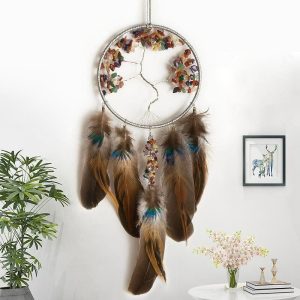 Dreamcatcher |   Tree of Life Dream Catcher Handmade Gift with Colorful Crystal Stone Peacock Feather Wall Hanging Decor Hook Flower Wind Chimes Boho Style Home Pendant 16*55cm Dreamcatcher Dreamcatcher