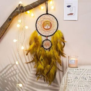 Dreamcatcher |   Yellow Life of Tree Dream Catcher Handmade Gift with Two-ring Yellow Feather Wall Hanging Decor Art Wind Chimes Boho Style Car Hanging Home Pendant Dreamcatcher Dreamcatcher