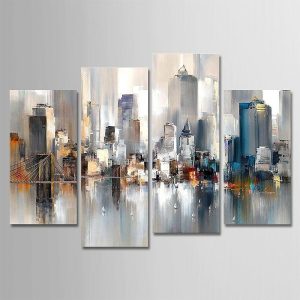 Oil Paintings |   Hand-Painted Canvas Oil Painting Abstract City Landscape Set Of 4 For Home Decoration With Frame Ready To Hang With Stretched Frame Oil Paintings Oil Paintings