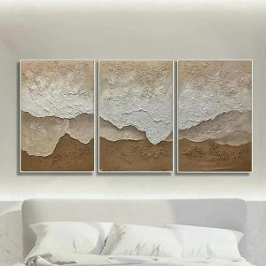 Oil Paintings |   Hand Painted Texture Wall Art Sea Waves Custom Canvas Painting Fashion Earth Tone Paintings Home Decor For Living Room Stretched Frame Ready to Hang Oil Paintings Oil Paintings