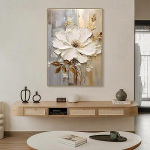 Oil Paintings |   Hand painted Textured GOLD flower oil painting Wall Art Abstract White Flower Painting on Canvas Minimalist Modern floral oil painting for Living Room Painting Elegant Wall Decor Fancy Wall Art Oil Paintings Oil Paintings