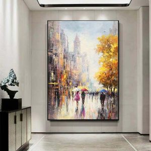 Oil Paintings |   Handmade Hand Painted Modern city Oil Painting Wall art City Landscape Oil Painting Rain Day Painting Street Scenery Painting Original city art painting Decor Rolled Canvas No Frame Unstretched Oil Paintings Oil Paintings