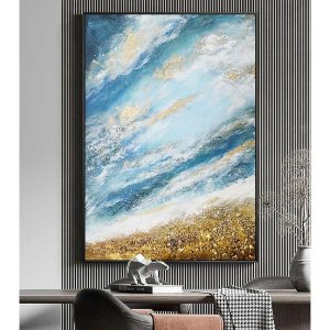 Oil Paintings |   Handmade Oil Painting Canvas Wall Art Decoration Abstract Gold Leaf Painting Blue Ocean for Home Decor Rolled Frameless Unstretched Painting Oil Paintings Oil Paintings