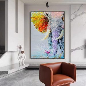 Oil Paintings |   Handmade Oil Painting Canvas Wall Art Decoration Modern Animal Colourful Elephant for Living Room Home Decor Rolled Frameless Unstretched Painting Oil Paintings Oil Paintings