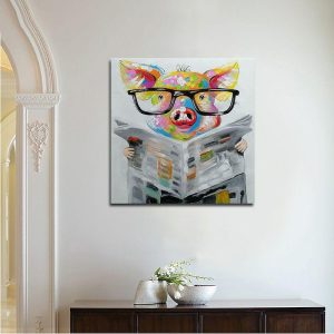 Oil Paintings |   Handmade Oil Painting Canvas Wall Art Decoration Pig Reading Newspaper Amimal Pattern for Home Decor Stretched Frame Hanging Painting Oil Paintings Oil Paintings