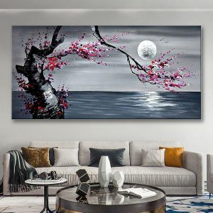 Oil Paintings |   Landscape Oil Painting Hand Painted Wall Art Canvas Vintage Plum Blossom Moon Landscape Floral / Botanical Modern Rolled Canvas (No Frame) Oil Paintings Oil Paintings