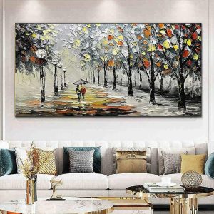 Oil Paintings |   Landscape Oil Painting Wall Art On Canvas Two People With Umbrellas Strolling Along The Forest Path Home Decoration Decor Rolled Canvas No Frame Unstretched Oil Paintings Oil Paintings