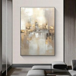 Oil Paintings |   Large hand painted Gold Leaf Painting On Canvas Abstract Beige Oil Painting Luxury Art Textured Painting Hand Painted Art Golden oil painting Wall Decoration for hotel decoration Oil Paintings Oil Paintings