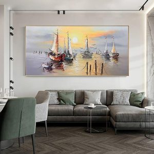 Oil Paintings |   Oil Painting 100% Handmade Hand Painted Wall Art On Canvas Abstract Ocean Sailboat Sunset Landscape Home Decoration Decor Rolled Canvas No Frame Unstretched Oil Paintings Oil Paintings