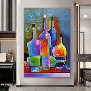 Oil Paintings |   Oil Painting 100% Handmade Hand Painted Wall Art On Canvas Wine Bottle Colorful Vertical Still Life Modern Home Decoration Decor Rolled Canvas No Frame Unstretched Oil Paintings Oil Paintings