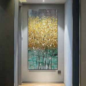 Oil Paintings |   Oil Painting Handmade Hand Painted Wall Art Modern Abstract Golden Big Size Green Gold Home Decoration Decor Stretched Frame Ready to Hang Oil Paintings Oil Paintings