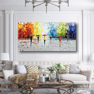 Oil Paintings |   Oil Painting Handmade Hand Painted Wall Art Modern Landscape Street Rain Umbrella Home Decoration Decor Rolled Canvas No Frame Unstretched Oil Paintings Oil Paintings