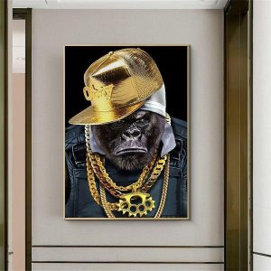 Prints |   1 Panel Animal Prints Gorilla Wearing Gold Chain Modern Wall Art Wall Hanging Gift Home Decoration Rolled Canvas Unframed Unstretched Painting Core Prints Prints