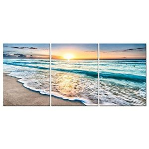 Prints |   3 Panels Wall Art Canvas Prints Posters Painting Artwork Picture Blue Sea Sunset White Beach Landscape Modern Home Decoration Décor Rolled Canvas No Frame Unframed Unstretched Prints Prints