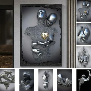 Prints |   3D  Wall Art Love Heart Prints/Posters Metal Sculpture Couple Hug Modern Picture Home Decoration Wall Hanging Gift Rolled Canvas Unframed Unstretched Prints Prints