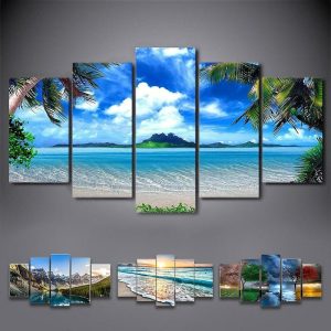 Prints |   5 Panels Landscape Prints Posters/Picture Beach Blue Sea Sunset Modern Wall Art Wall Hanging Gift Home Decoration Rolled Canvas No Frame Unframed Unstretched Prints Prints