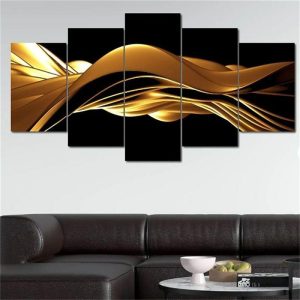 Prints |   5 Panels Wall Art Canvas Abstract Golden Wave Prints Posters Painting Home Decoration Wall Hanging Gift Rolled Canvas No Frame Unframed Unstretched Prints Prints