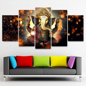 Prints |   5 Panels Wall Art Canvas Prints Painting Artwork Picture Hindu God Ganesha Painting Home Decoration Decor Rolled Canvas No Frame Unframed Unstretched Prints Prints