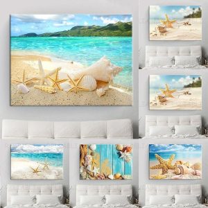 Prints |   Beach Seascape Wall Art Canvas Painting Shell Sea Wall Art Starfish Seashells Wall Pictures Poster for Living Room Bedroom Office Decor No Frame Prints Prints