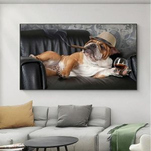 Prints |   Bulldog Smoking Cigar Art Canvas Painting in The Wall Animal Posters and Prints Wall Art Picture for Living Room Home Decor Prints Prints