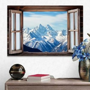 Prints |   Landscape Wall Art Canvas Fake Window Snow Mountain Prints and Posters Landscape Pictures Decorative Fabric Painting For Living Room Pictures No Frame Prints Prints