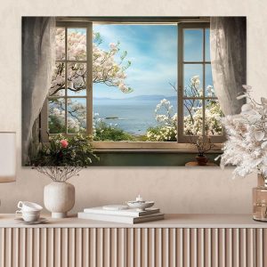 Prints |   Landscape Wall Art Canvas False Window Spring Cherry Blossoms Prints and Posters Pictures Decorative Fabric Painting For Living Room Pictures No Frame Prints Prints