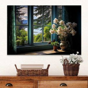 Prints |   Landscape Wall Art Canvas False Window Spring Forest Prints and Posters Pictures Decorative Fabric Painting For Living Room Pictures No Frame Prints Prints