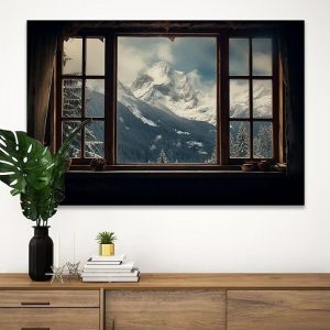 Prints |   Landscape Wall Art Canvas False Window Winter Snow Mountain Prints and Posters Pictures Decorative Fabric Painting For Living Room Pictures No Frame Prints Prints