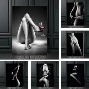 Prints |   People Wall Art Canvas Sexy Nude Women Prints Painting Artwork Picture Cigarett Red Wine Figure Home Decoration Décor Rolled Canvas No Frame Unframed Prints Prints