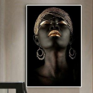 Prints |   Wall Art Canvas Prints Posters Painting Artwork Picture African American Gold Earrings Necklace Black Pretty Girl Home Decoration Décor Rolled Canvas No Frame Unframed Unstretched Prints Prints