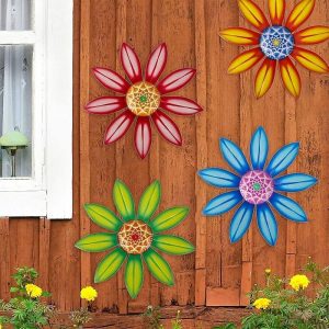 Wall Accents |   1pc Metal Flowers Wall Decor 6.7 Inch Flower Wall Sculpture, Hand-Painted Floral Sculpture, Metal Wall Art Hanging Wall Decor For Indoor Outdoor Home Office Bathroom Kitchen Bedroom Living Room Garden Fence Wall Accents Wall Accents