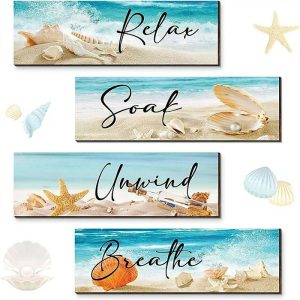 Wall Accents |   1pc Ocean Beach Bathroom Wall Decor Wooden Relax Soak Relax Breathe Wall Art Bathroom Sign Hanging Seashell Starfish Wooden Sign Room Decor Scene Decor Bedroom Decor Entrance Decor Wall Beauti Wall Accents Wall Accents