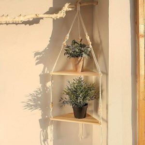 Wall Accents |   Bohemian Wall Hanging Decorative Shelf – Wooden Beads, Cotton Rope & Plants Candle Storage Rack for Home Decor Wall Accents Wall Accents