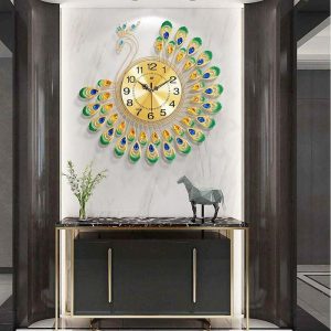 Wall Accents |   Large Wall Clocks for Living Room Decor Gold Decoration Wall Clock Silent Battery Operated Non Ticking for Bedroom Kitchen 15 Inch Retro Peacock Crystal Wall Watch Quartz for Home Office Indoor Wall Accents Wall Accents