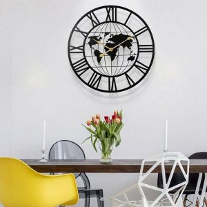 Wall Accents |   Wall Clock Iron Round Office Clock Creative Map Personality Mute Hanging Watch Nordic Living Room Clock Home Decor 60 cm Wall Accents Wall Accents