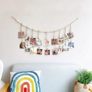 Wall Accents |   Wall Hanging Photo Display with Wooden Beads Garland Collage Photo Frame Macrame Pictures Organizer Display Clips Wall Accents Wall Accents