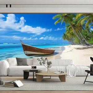 Wallpaper |   Cool Wallpapers Beach Boat Landscape Wallpaper Wall Mural Roll Sticker Peel Stick Removable PVC/Vinyl Material Self Adhesive/Adhesive Required Wall Decor for Living Room Kitchen Bathroom Wall Art Wallpaper