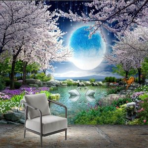 Wallpaper |   Cool Wallpapers Wall Mural Landscape 3D Mural Wallpaper Night View Cherry Blossom Wall sticker Self-adhesive PVC/Vinyl for Living Room Bedroom Restaurant Hotel Wall Cloth Room Home Decor Wall Art Wallpaper