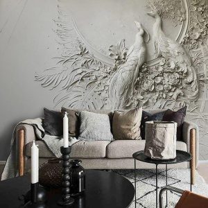 Wallpaper |   White Wallpapers Wall Mural 3D Wallpaper Wall Sticker Covering Print Adhesive Required 3D Relief Effect Peacock Bird Canvas Home Décor Wall Art Wallpaper